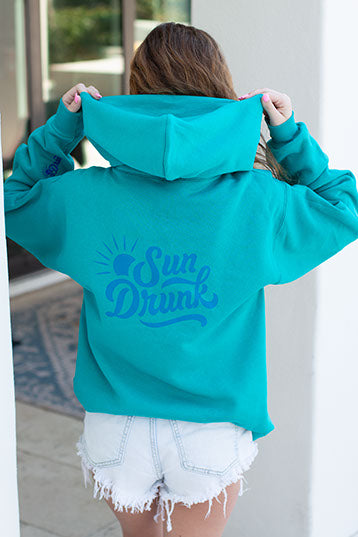 Beach Hoodie - Teal with Sun Drunk Design