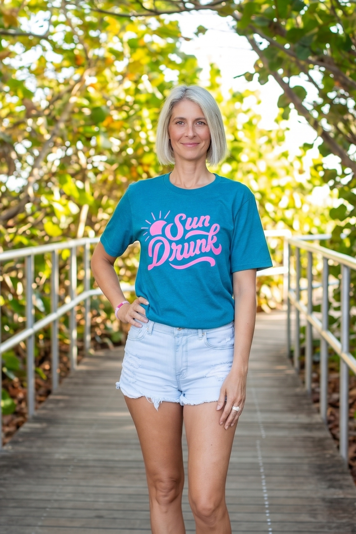 Short Sleeve Soft Fitted Tee - Teal with Neon Pink