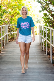 Short Sleeve Soft Fitted Tee - Teal with Neon Pink