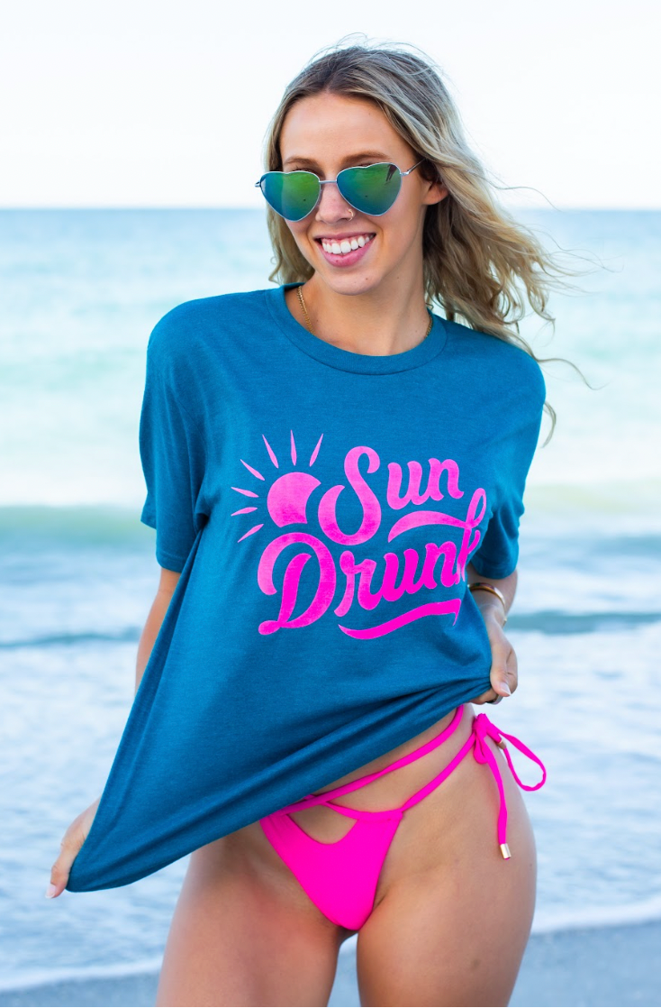 Short Sleeve Soft Fitted Tee - Teal with Neon Pink