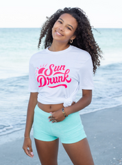 Short Sleeve Soft Fitted Tee - White with Neon Pink