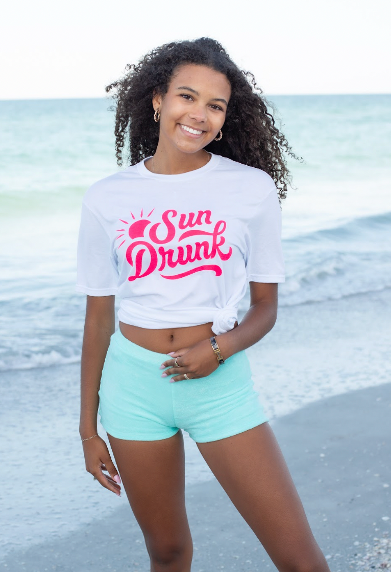 Short Sleeve Soft Fitted Tee - White with Neon Pink